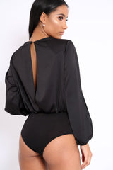 Black Plunge Satin Bodysuit with Split Sleeves - Pema-Bodysuits