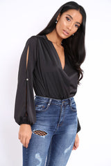 Black Plunge Satin Bodysuit with Split Sleeves - Pema-Bodysuits