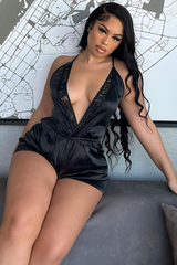 Black Plunge Satin Playsuit - Joss