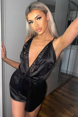 Black Plunge Satin Playsuit - Joss