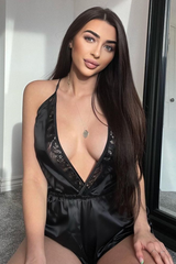 Black Plunge Satin Playsuit - Joss