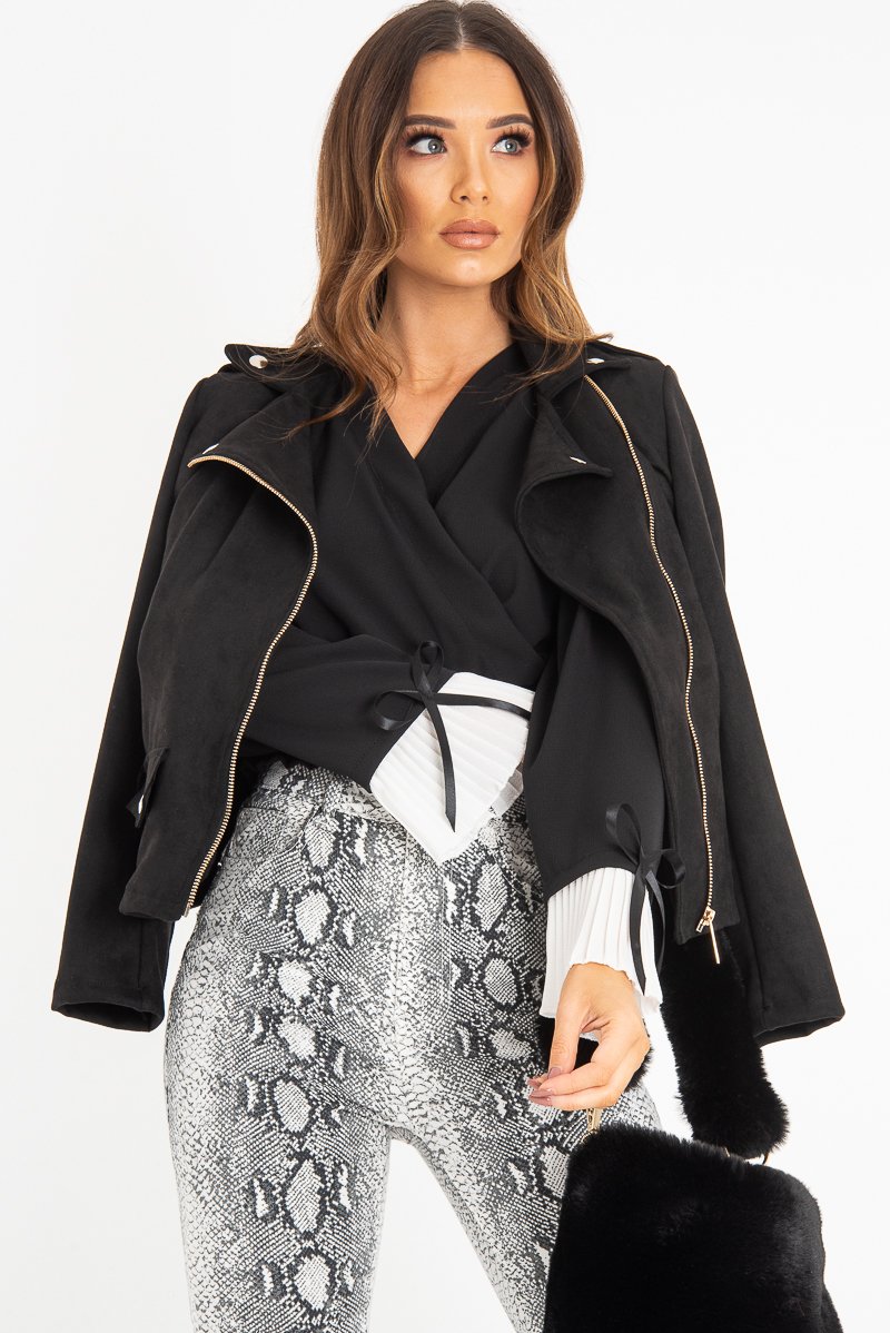 Black Plunge Shirred Waist Pleated Sleeve Blouse - Skylar-Blouse