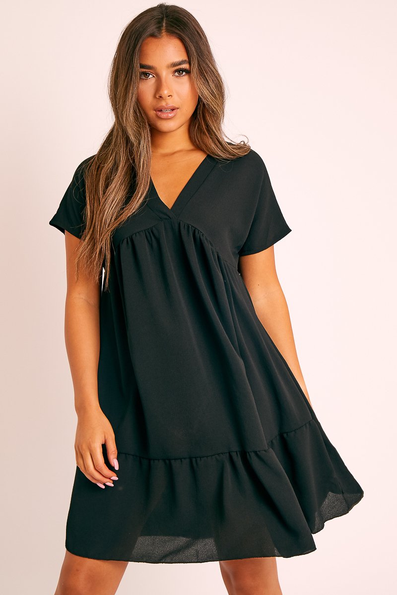 Black Plunge Smock Dress - Cambriella-Dresses