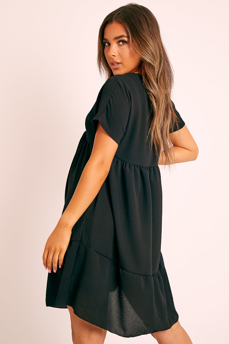Black Plunge Smock Dress - Cambriella-Dresses