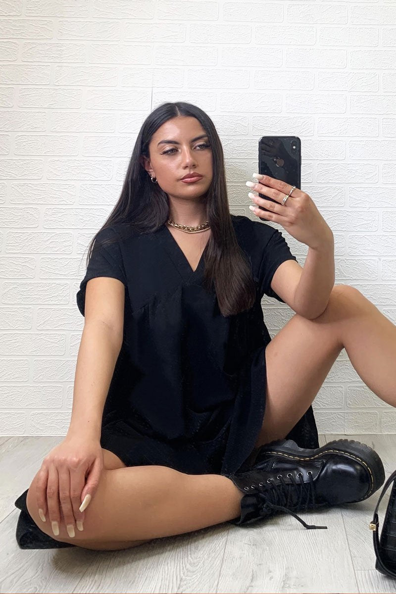 Black Plunge Smock Dress - Cambriella-Dresses