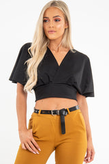 Black Plunge Tie Back Blouse Crop Top - Bryelle-Blouse