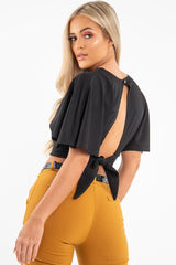 Black Plunge Tie Back Blouse Crop Top - Bryelle-Blouse