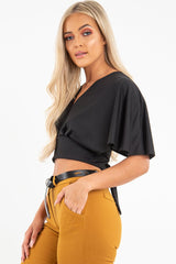 Black Plunge Tie Back Blouse Crop Top - Bryelle-Blouse