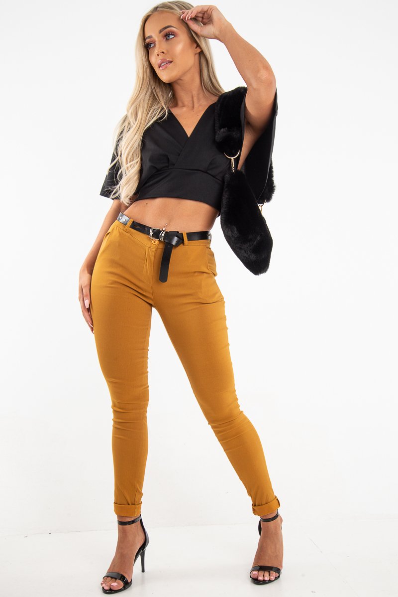 Black Plunge Tie Back Blouse Crop Top - Bryelle-Blouse