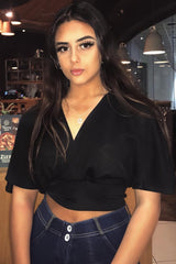 Black Plunge Tie Back Blouse Crop Top - Bryelle-Blouse