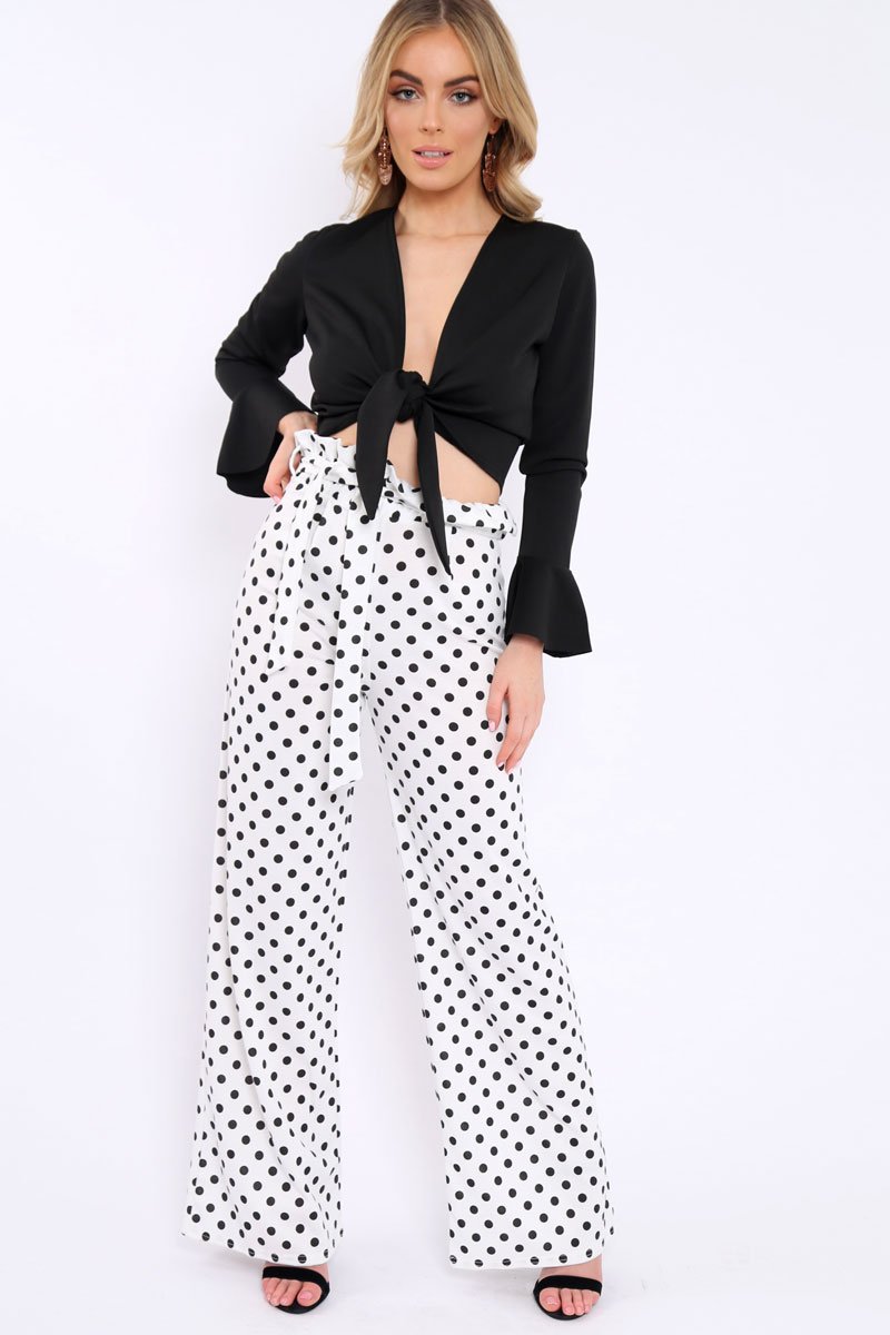 Black Plunge Tie Front Flare Sleeve Crop Top - Aimi-Crop Tops
