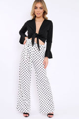 Black Plunge Tie Front Flare Sleeve Crop Top - Aimi-Crop Tops