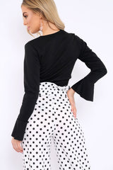 Black Plunge Tie Front Flare Sleeve Crop Top - Aimi-Crop Tops