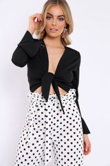 Black Plunge Tie Front Flare Sleeve Crop Top - Aimi-Crop Tops