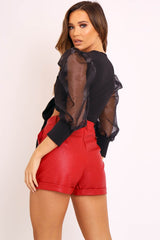 Black Plunge Tie Front Organza Sleeve Crop Top - Fawn-Crop Tops