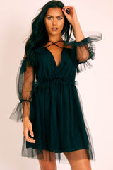 Black Plunge Tulle Ruffle Cross Back Dress - Aerial-Dresses