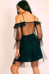 Black Plunge Tulle Ruffle Cross Back Dress - Aerial-Dresses