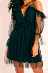 Black Plunge Tulle Ruffle Cross Back Dress - Aerial-Dresses