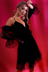 Black Plunge Tulle Ruffle Cross Back Dress - Aerial-Dresses