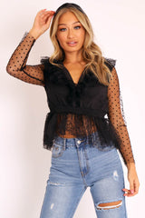 Black Plunge Tulle Ruffle Mesh Polka Sleeves Top - Dalis-Tops