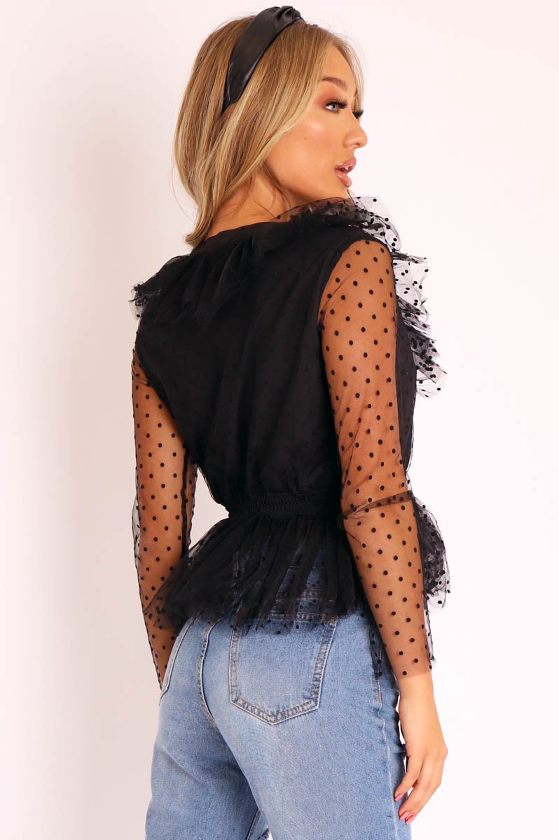 Black Plunge Tulle Ruffle Mesh Polka Sleeves Top - Dalis-Tops