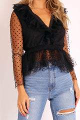 Black Plunge Tulle Ruffle Mesh Polka Sleeves Top - Dalis-Tops