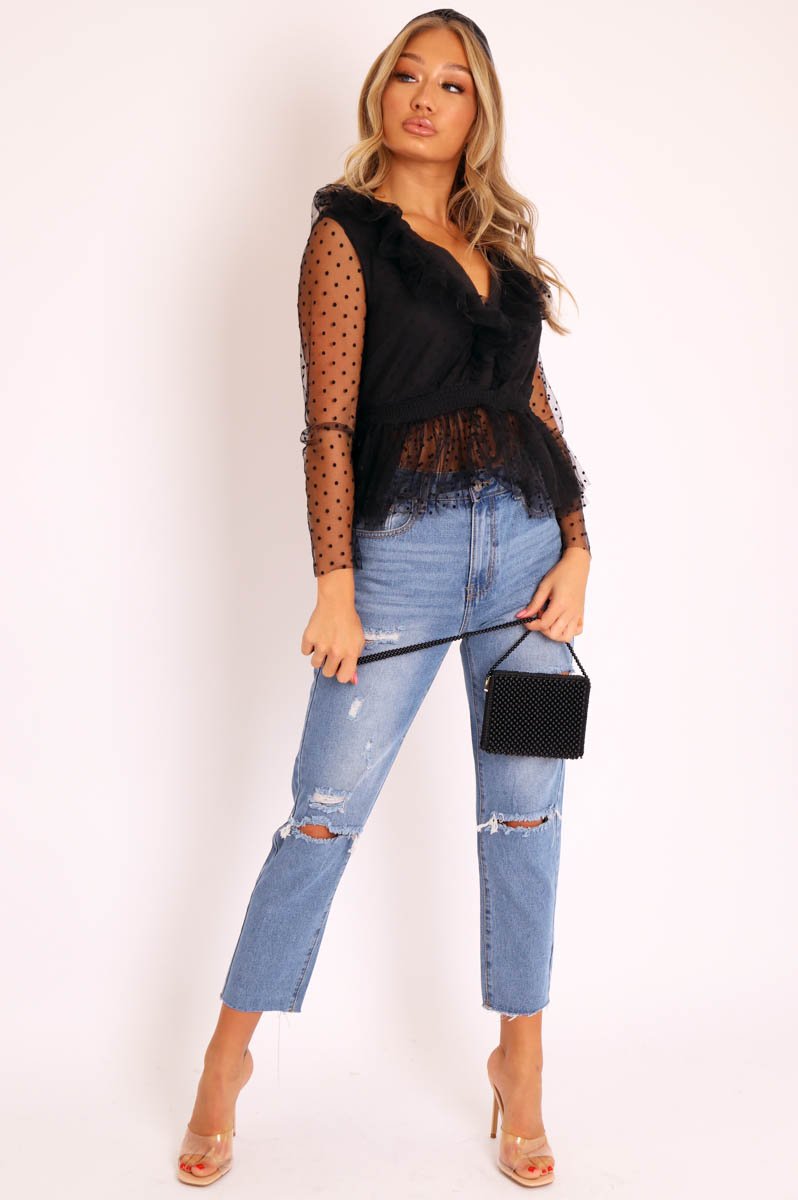 Black Plunge Tulle Ruffle Mesh Polka Sleeves Top - Dalis-Tops
