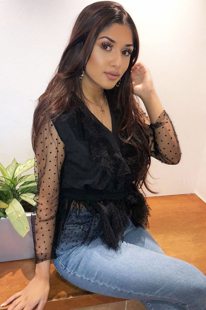 Black Plunge Tulle Ruffle Mesh Polka Sleeves Top - Dalis-Tops
