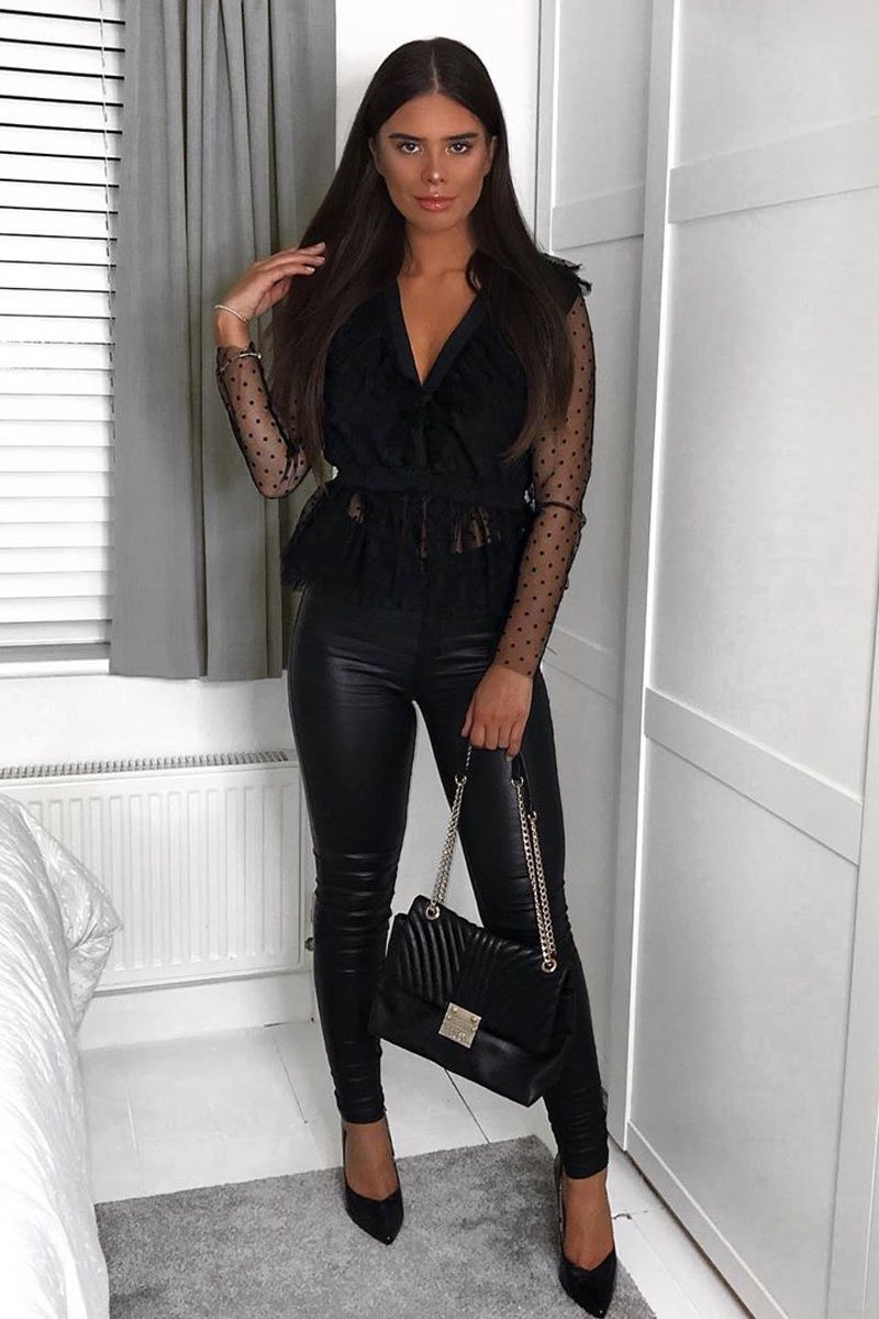 Black Plunge Tulle Ruffle Mesh Polka Sleeves Top - Dalis-Tops