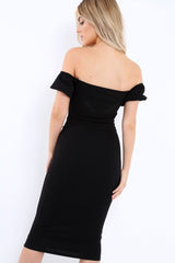 Black Plunge V Bardot Midi Bodycon Dress - Nanda-Dresses