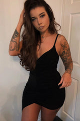Black Plunge Wrap Front Slinky Mini Dress - Cressie-Dresses