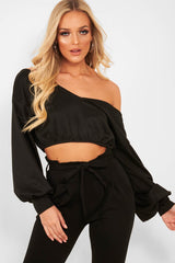 Black Plunge off Shoulder Cropped Sweatshirt - Zarah-Sweatshirts