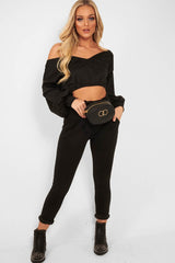 Black Plunge off Shoulder Cropped Sweatshirt - Zarah-Sweatshirts