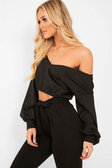Black Plunge off Shoulder Cropped Sweatshirt - Zarah-Sweatshirts