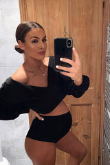 Black Plunge off Shoulder Cropped Sweatshirt - Zarah-Sweatshirts