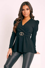 Black Plunging Double Circle Belt Puff Shoulder Blouse - Catia-Blouse