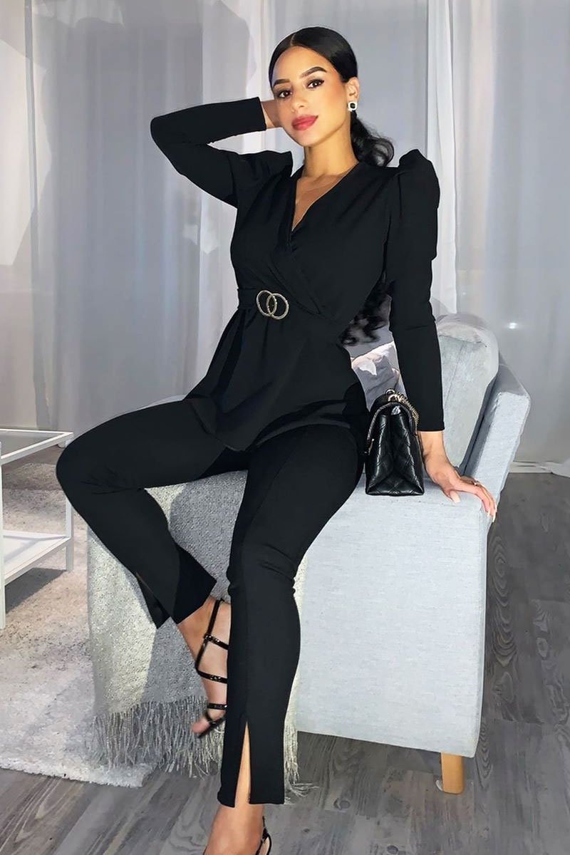 Black Plunging Double Circle Belt Puff Shoulder Blouse - Catia-Blouse