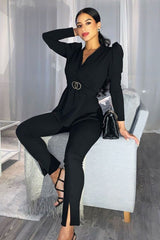 Black Plunging Double Circle Belt Puff Shoulder Blouse - Catia-Blouse