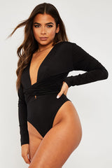 Black Plunging Wrap Middle Bodysuit - Ivyrose-Bodysuits