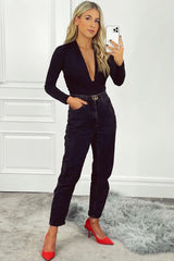 Black Plunging Wrap Middle Bodysuit - Ivyrose-Bodysuits