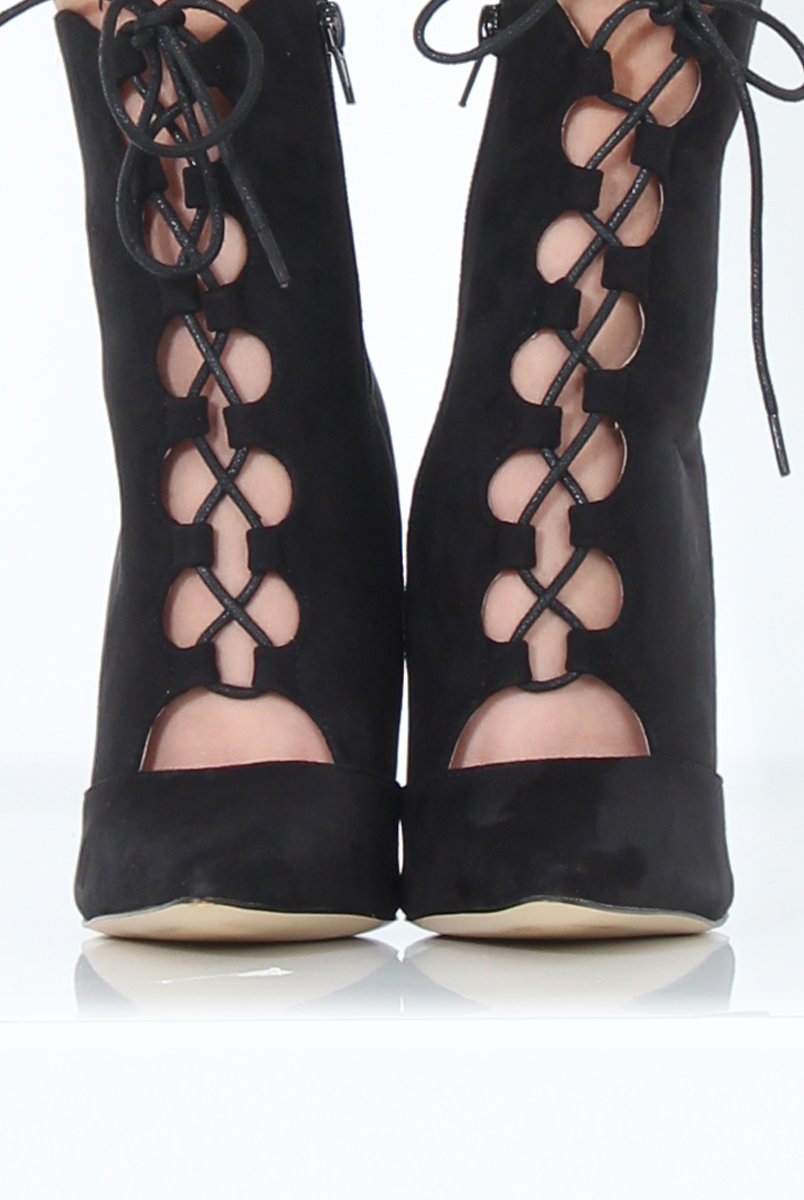 Black Pointed Lace Up Heels - Rosine-Heels