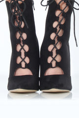 Black Pointed Lace Up Heels - Rosine-Heels