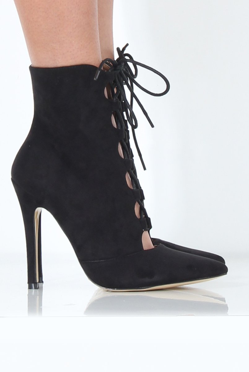 Black Pointed Lace Up Heels - Rosine-Heels