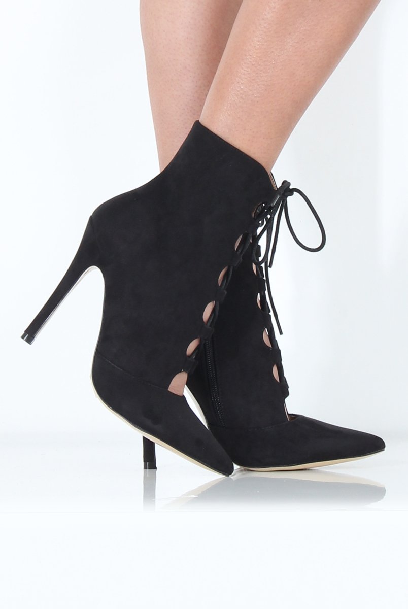 Black Pointed Lace Up Heels - Rosine-Heels