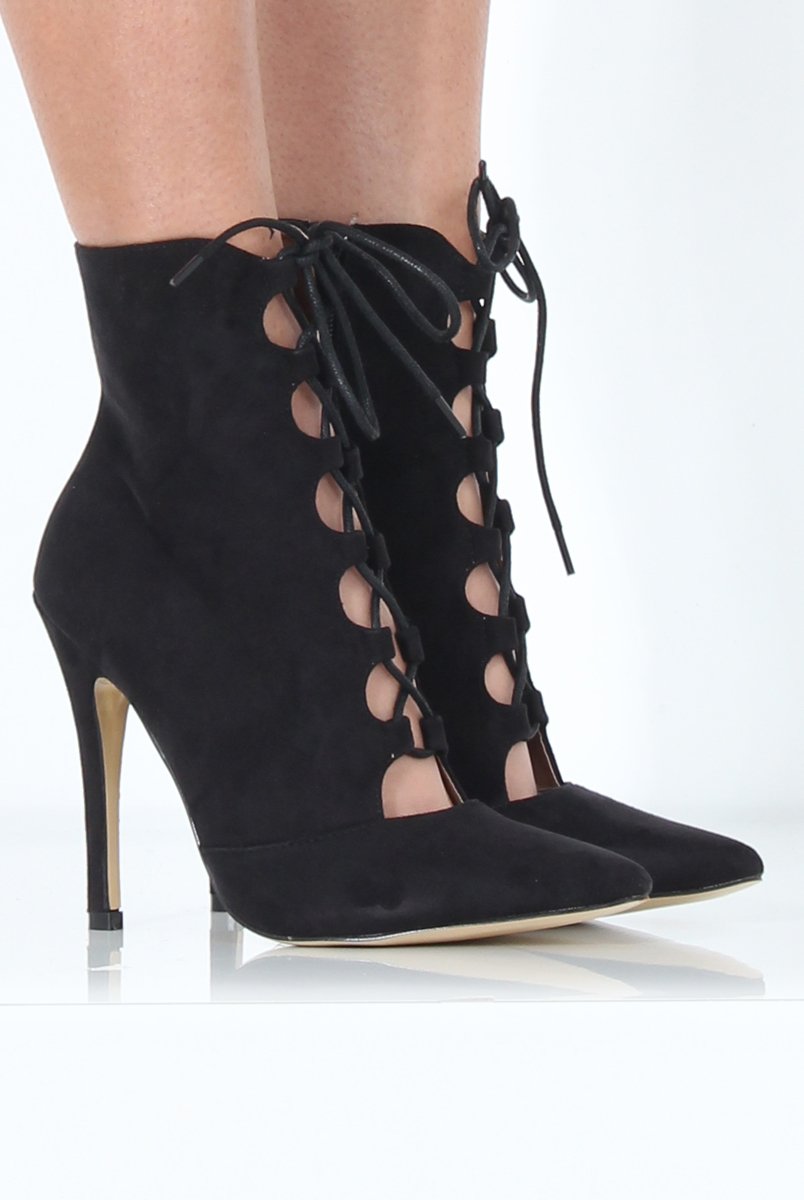 Black Pointed Lace Up Heels - Rosine-Heels