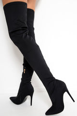 Black Pointed Stretch Thigh High Boots - Aliyan-Boots
