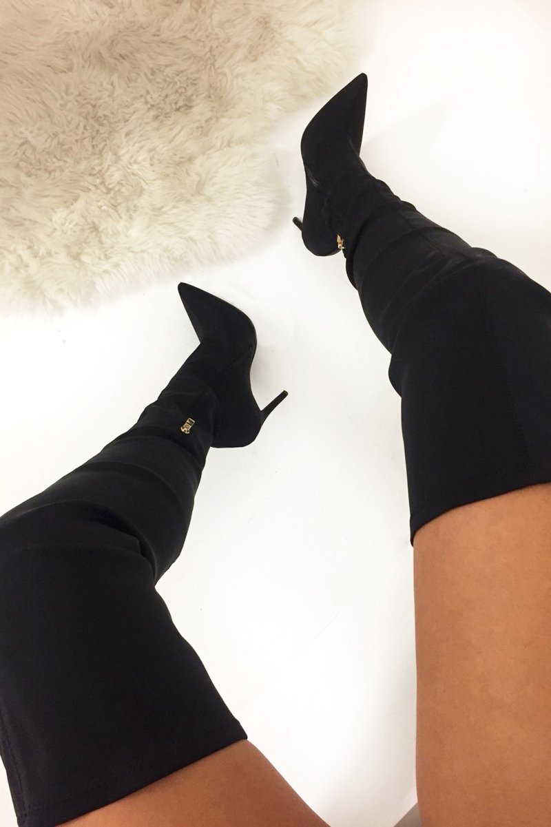 Black Pointed Stretch Thigh High Boots - Aliyan-Boots