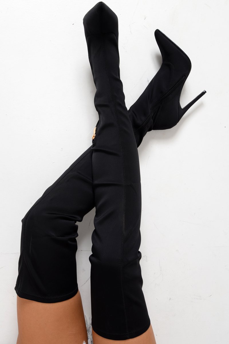 Black Pointed Stretch Thigh High Boots - Aliyan-Boots