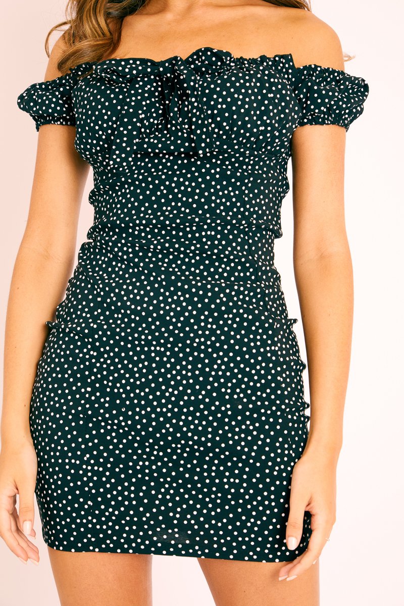 Black Polka Dot Bow Detail Milkmaid Mini Dress - Galena-Dresses
