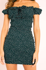 Black Polka Dot Bow Detail Milkmaid Mini Dress - Galena-Dresses